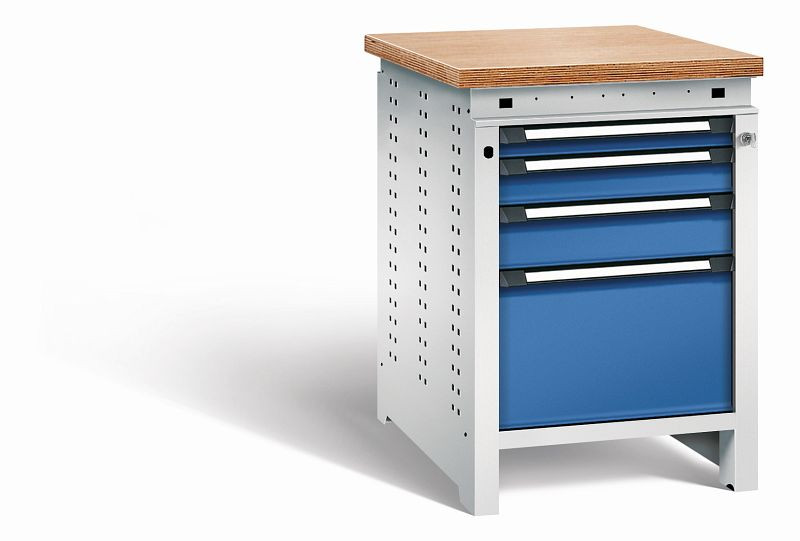 Otto Kind Werkbank Serie function Typ 108, Multiplexplatte, bündig, 4 Schubladen, mit Zentralverschluss, Gehäuse RAL 7035, Front RAL 5010, 072325186
