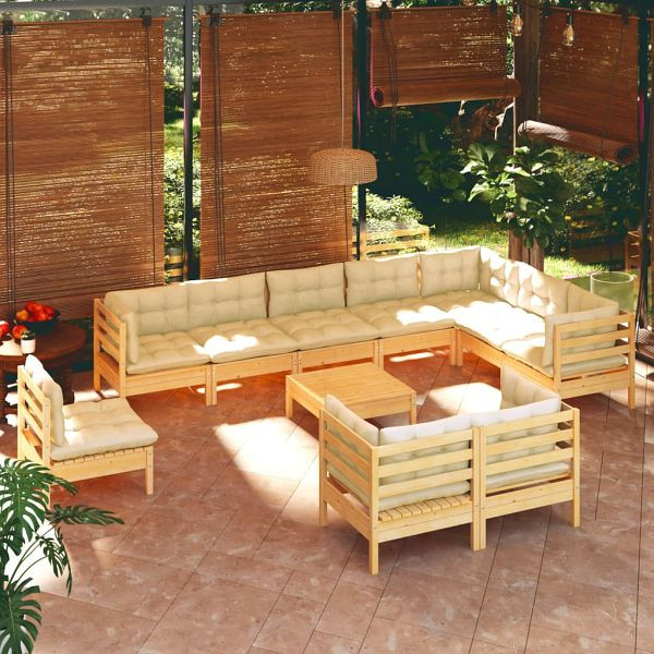 vidaXL 11-teilig Garten-Lounge-Set mit Creme Kissen Massivholz Kiefer, 3096785