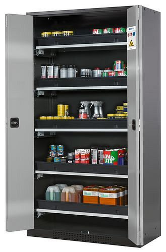 asecos Chemikalienschrank Systema-T CS-105F, Korpus anthrazit, Falttüren silber, 5 Tablarauszüge, 209024