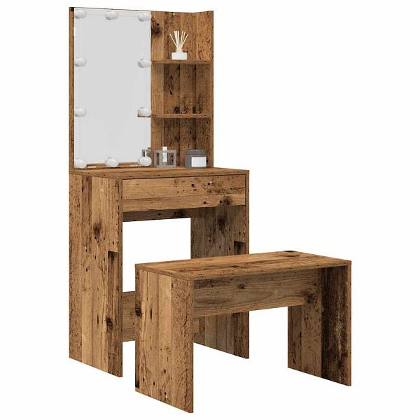 vidaXL Schminktisch-Set mit LED-Leuchten Altholz-Optik Holzwerkstoff, 3329187