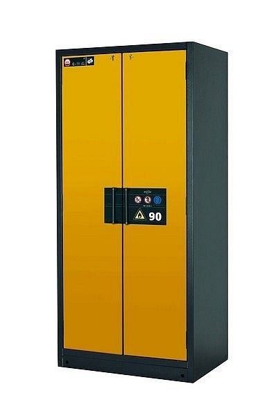 asecos Sicherheitsschrank Q-CLASSIC-90, Q90.195.090 in sicherheitsgelb RAL 1004 mit 4x Auszugswanne Standard (Edelstahl), 30041-040-30056