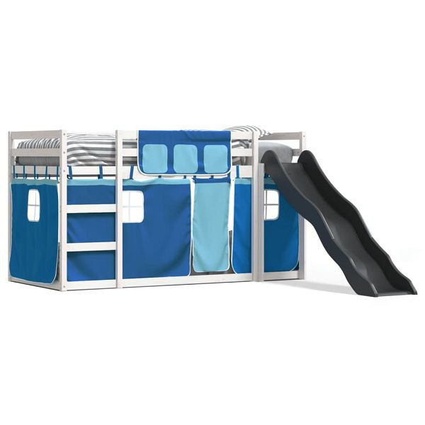 vidaXL Etagenbett mit Rutsche und Gardinen Blau 90x200 cm, 3284111