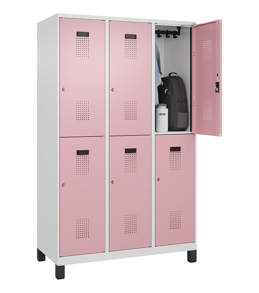 C+P Doppelstöckiger Spind Evolo PLUS, mit Füßen, 6 Fächer, 1950x1200x500mm, 901, Frontfarbe RAL 3015 Hellrosa, Zylinderschloss, 049310-32 S10045