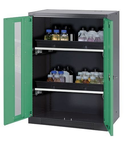 asecos Chemikalienschrank Systema-T CS-82G, Korpus anthrazit, Flügeltüren grün, 2 Tablarauszüge, 208695