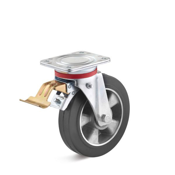 Torwegge Elastik-Vollgummi Lenkrolle mit Doppelstopp, Tragfähigkeit 400 kg, Rad-Ø 200 mm, Radbreite 50 mm, Ausladung 55 mm, 0023882