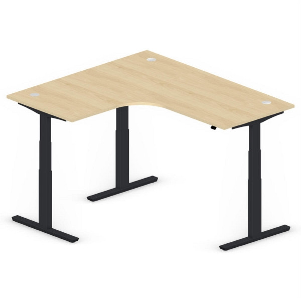 Deskin XXL Sitz-/ Stehschreibtisch Jumbo MULTI M, Buchedekor, T-Fuß-Stahlgestell in Schwarz RAL 9005, linksseitig geformt, 295161