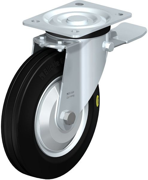 Blickle L-RD 200K-ST-FA Stahlblech-Lenkrolle, mittelschwere Ausführung, mit Anschraubplatte & Feststeller, Zweikomponenten-Vollgummi, Schwarz, 16287