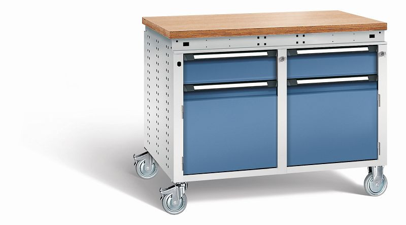 Otto Kind Werkbank Serie function Typ 251 fahrbar, Multiplexplatte 40 mm, bündig, 2x Unterbau, Gehäuse RAL 7035, Front RAL 5023, 072382164