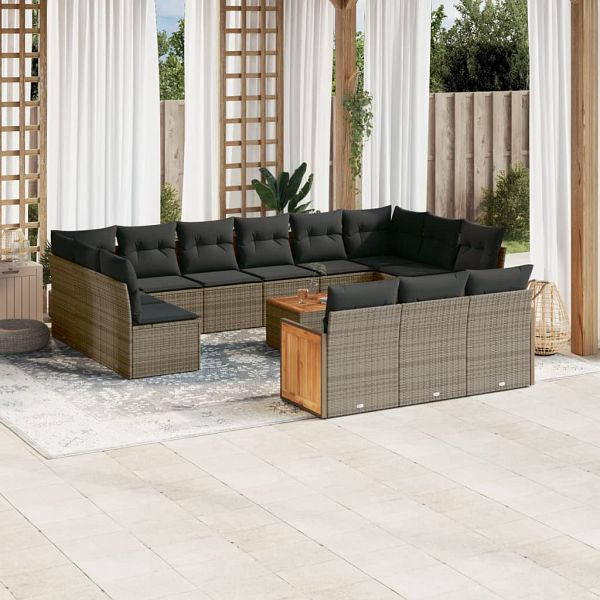 vidaXL 14-teilig Garten-Sofagarnitur mit Kissen Grau Poly Rattan, 3228146