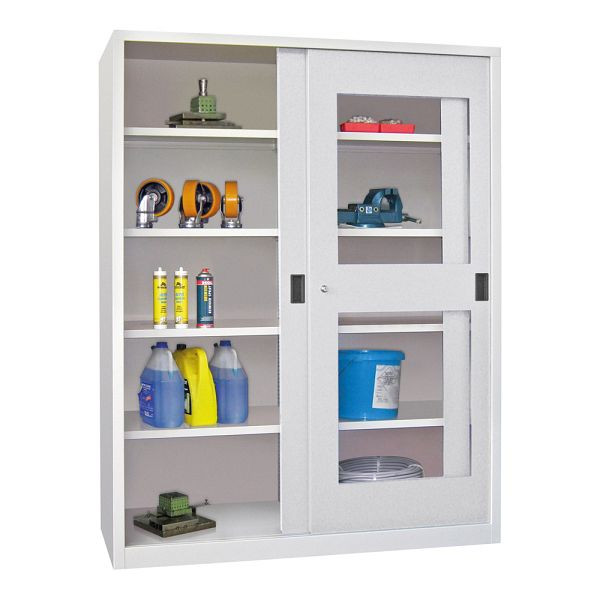 Pavoy Schwerlastschiebetürschrank 1950/1500/600, Mitteltrennwand, 8 verzinkte Fachböden; Sichtfenstertüren; Drehdruckzylinderschloss, 30332-150-690-910611