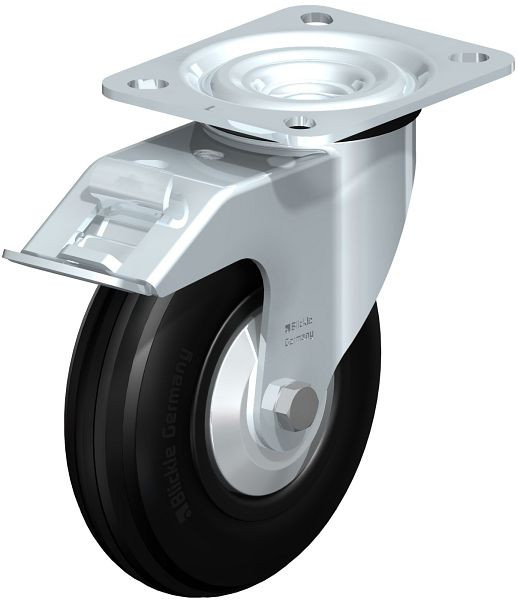 Blickle L-VWPP 125G-FI-FA Stahlblech-Lenkrolle, mittelschwere Ausführung, mit Anschraubplatte & Feststeller, Weichgummi, Schwarz, 748564