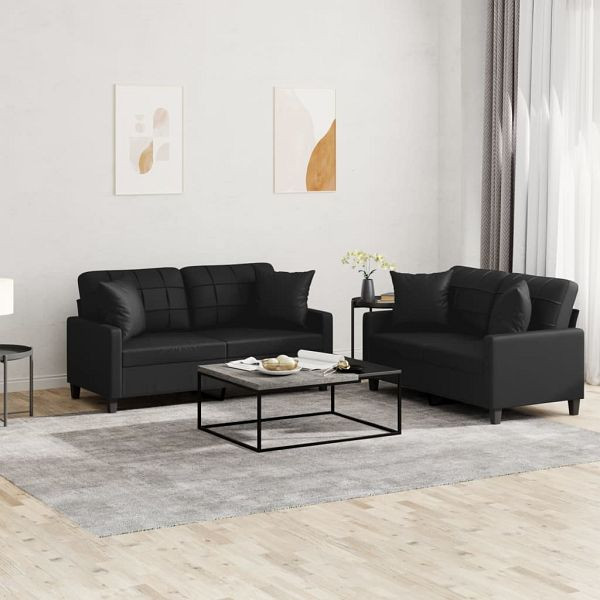 vidaXL 2-teilig Sofagarnitur mit Kissen Schwarz Kunstleder, 3201368