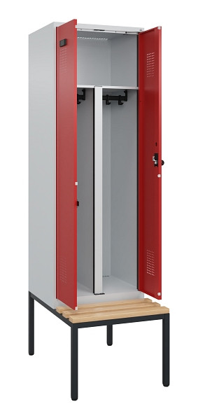 C+P PSA Doppel-Spind Evolo PLUS, Bank, 2 Abteile, 2120x600x815mm, 7035/3000, Drehriegel, Sitzfläche Buche-Hartholz, Sitzbank, 0490527-20P S10003