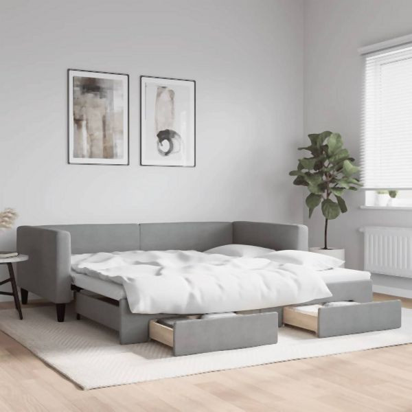 vidaXL Tagesbett Ausziehbar mit Schubladen Hellgrau 100x200 cm Stoff, 3196619