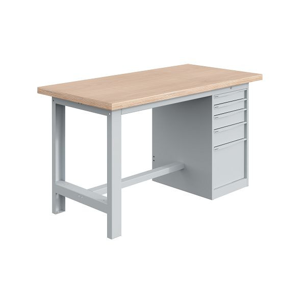 SOFAME SI Werkbank, 1500x750x840mm, Multiplex-Platte 40 mm mit Unterbau-Container 1 Schublade 75 + 4 Schubladen 150mm, Lichtgrau RAL 7035, W010010720GC