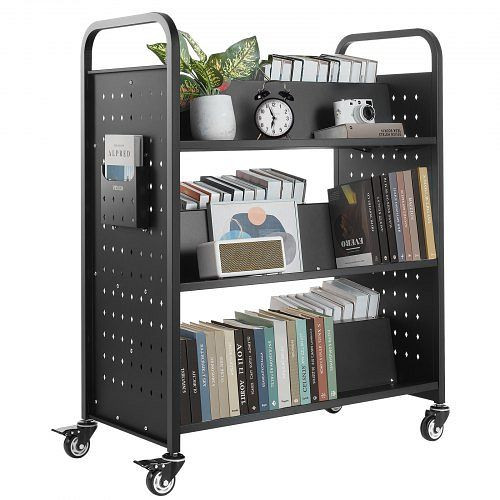 VEVOR Bücherwagen, 159 kg Tragkraft, doppelseitiges W-Regal mit Doppelbremsrollen, 970x515x1225 mm, Schwarz, WXTSGTCH330LMU071001V0