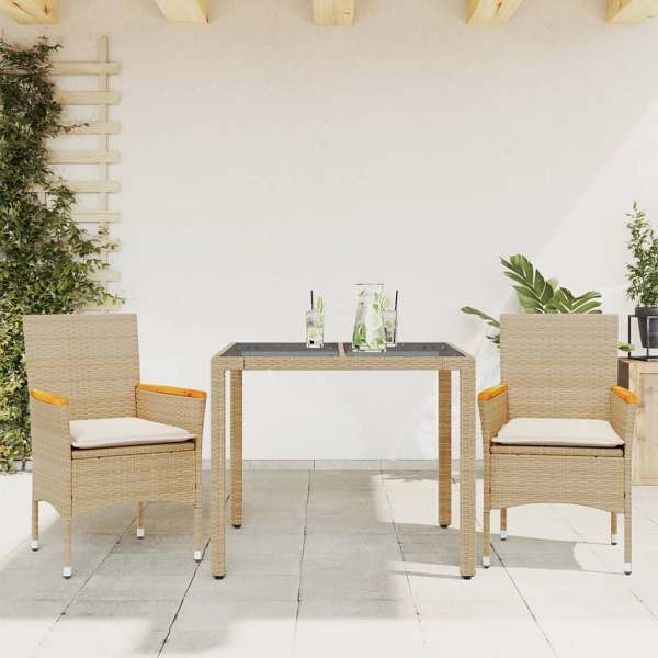 vidaXL 3-tlg. Garten-Essgruppe mit Kissen Beige Poly Rattan und Glas, UV-beständig, 3278657