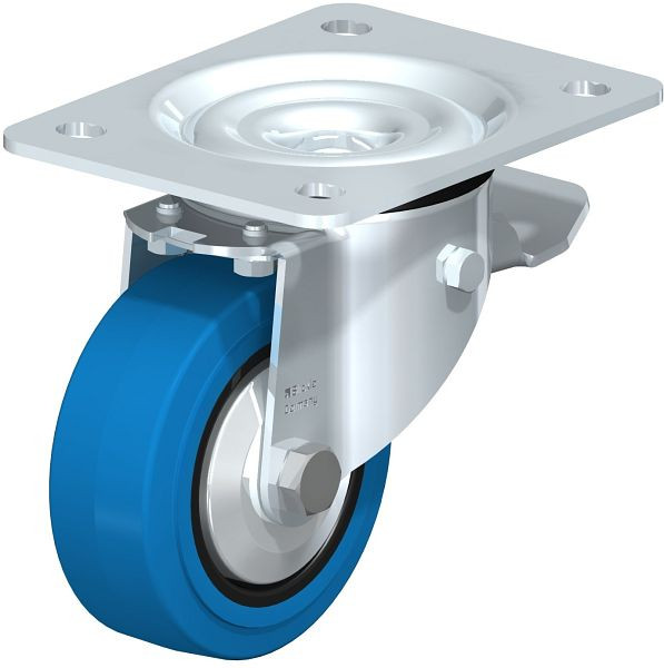 Blickle LK-POEV 100XR-3-ST-SB-FA Stahlblech-Lenkrolle, schwere Ausführung, mit Anschraubplatte & Feststeller, Elastik-Vollgummi, Blau, 850987