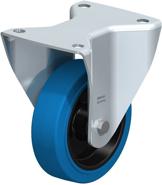 Blickle BH-POEV 125XR-3-SB Stahlblech-Bockrolle, Schwerlast-Ausführung, mit Anschraubplatte, Elastik-Vollgummi, Blau, 851958