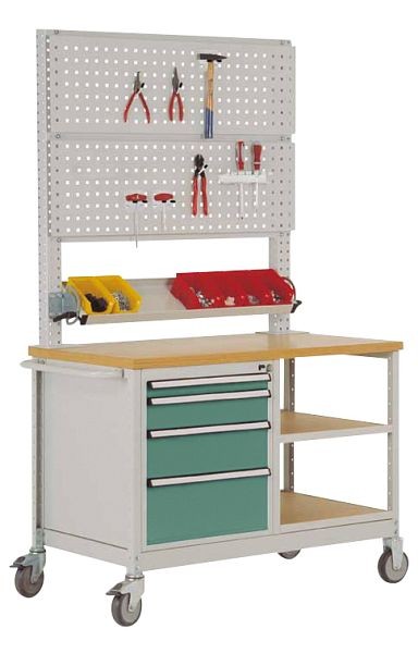 Manuflex Mobile Werkbank Modell 6 mit geölter Multiplex-Abdeckplatte 30 mm BxTxH 1135 x 590 x 810 mm, graugrün, MW2033.0001