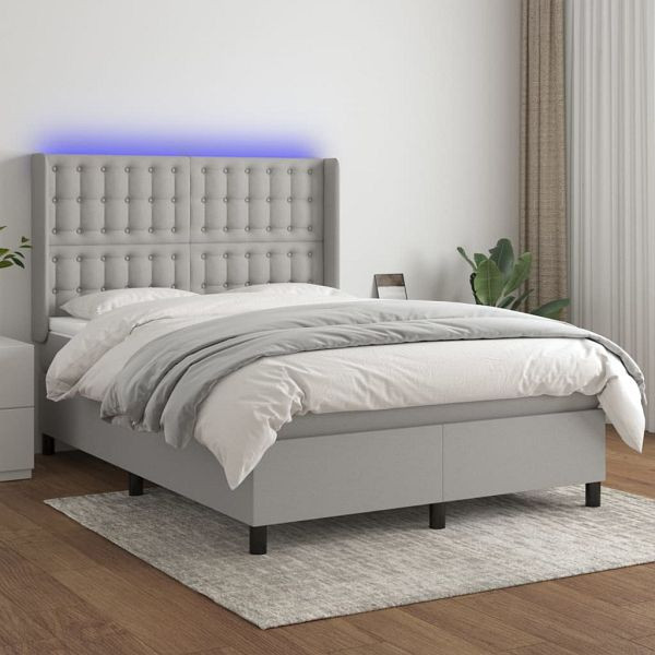 vidaXL Boxspringbett mit Matratze & LED Hellgrau 140x190 cm Stoff, 3138629