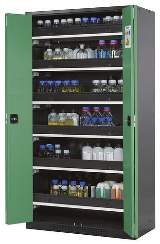 asecos Chemikalienschrank Systema-T CS-106F, Korpus anthrazit, Falttüren grün, 6 Tablarauszüge, 209105