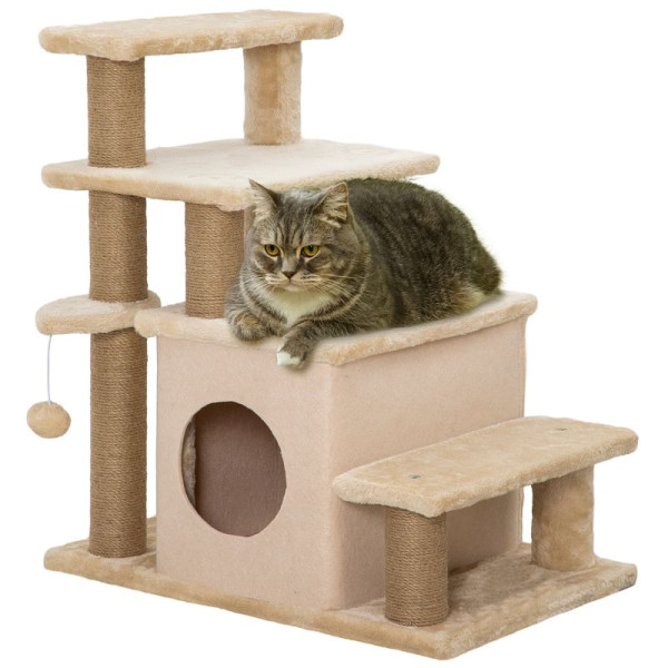 PawHut Kratzbaum, Tiertreppe, 4 Stufen, Ball, Häuschen, höhenverstellbar, beige, 60 x 40 x 66 cm, D06-160V02BG