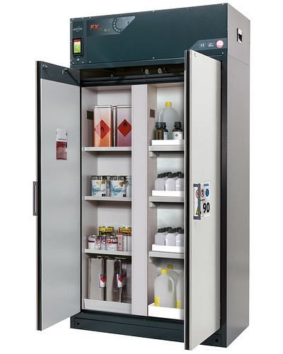 asecos Feuerbeständiger Umluft-Gefahrstoffschrank Custos, grau, 3 Einlegeböden, mit Trennwand, 248480