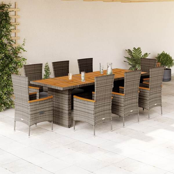 vidaXL 9-tlg. Garten-Essgruppe mit Kissen Grau Poly Rattan, UV-beständig, 3277546