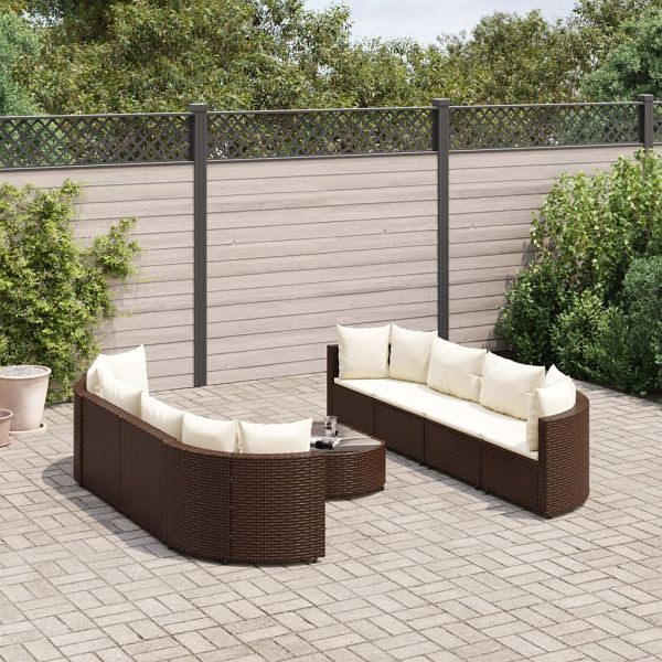vidaXL 9-teilig Garten-Sofagarnitur mit Kissen Braun Poly Rattan, 3308425