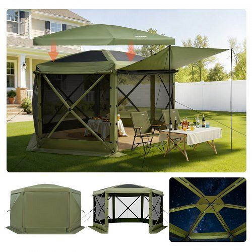 VEVOR Pop-up-Pavillon, 3x3 m, 6-seitiges Campingzelt mit abnehmbarem Dach & Tragetasche, für 6–8 Personen, Grün, TMZPXKTMK6M1M7EVT001V0