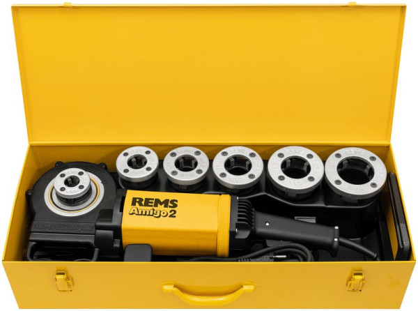 REMS Amigo Elektrische Gewindeschneidkluppe mit Schnellwechsel-Schneidköpfen, 2 Set R 1/2+3/4+1+1 1/4+1 1/2+2, 540020 R220