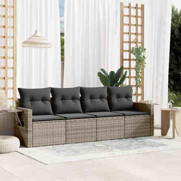 vidaXL 4-tlg. Garten-Sofagarnitur mit Kissen Grau Poly Rattan, UV-beständig, 3252217