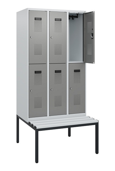 C+P Doppelstöckiger Spind Evolo PLUS, Bank, 6 Fächer, 1950x900x815mm, 7035/0004, Zylinderschloss, Sitzfläche Kunststoff, Sitzbank, 0493505-30 S10149