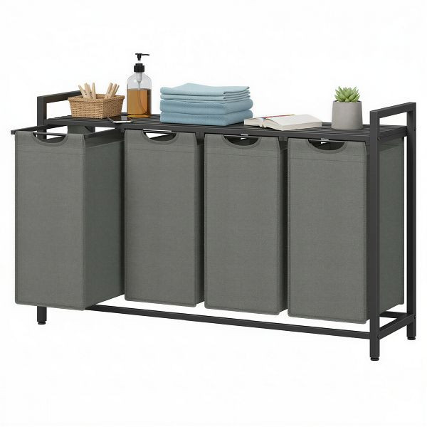 VASAGLE Wäschekorb, Wäschekorb mit 4 Fächern, ausziehbare und abnehmbare Wäschesäcke, 4 x 40L, 116 x 33 x 72 cm, schwarz und grau, BLH401G01
