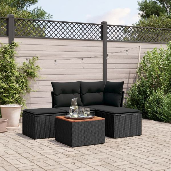 vidaXL 5-teilig Garten-Sofagarnitur mit Kissen Schwarz Poly Rattan, 3223584