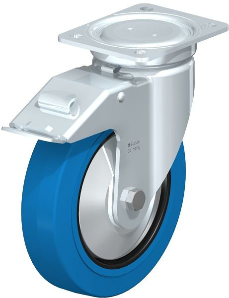 Blickle LU-POEV 200K-FI-SB-FA Stahlblech-Lenkrolle, schwere, geschlossene Ausführung, mit Anschraubplatte & Feststeller, Elastik-Vollgummi, Blau, 851680
