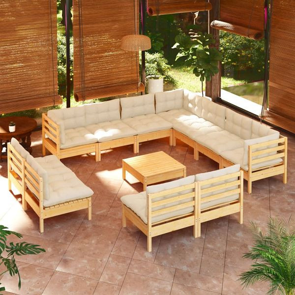 vidaXL 12-teilig Garten-Lounge-Set mit Creme Kissen Massivholz Kiefer, 3096869