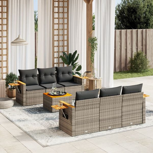 vidaXL 7-teilig Garten-Sofagarnitur mit Kissen Grau Poly Rattan, 3259036