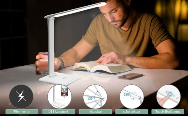 monzana LED Tischlampe Cataleya weiß, USB Ladeanschluss, 107705