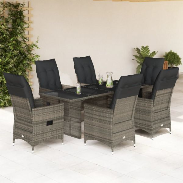 vidaXL 7-tlg. Garten-Essgruppe mit Kissen Grau Poly Rattan, 3276744