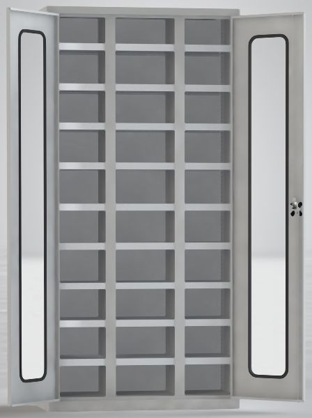 KLW Aktenschrank 1950x950x430mm, abschließbare Flügeltüren mit Acrylglas und Sicherheits-Gummeinfassung, 3 Abteile, 27 Fachböden, 7FN-LF1950FD-A194WRB