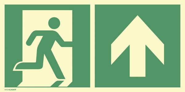 Moedel Notausgang rechts Pfeil oben, Kombi, ISO 7010, Folie, nachleuchtend, 160-mcd, 297x148 mm, 101253