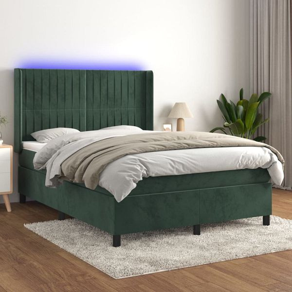 vidaXL Boxspringbett mit Matratze & LED Dunkelgrün 140x200 cm Samt, 3139688