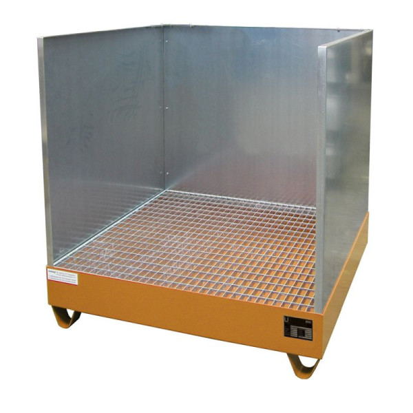 STEIN HGS Auffangwanne Serie 2000/SW, mit Spritzschutzwand, 216 Liter, RAL 2000 gelborange, Gesamthöhe 1285 mm, lackiert, 4 x 200 Liter Fass, 79195.0013