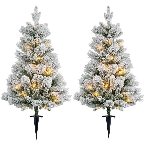 HOMCOM Weihnachtsbaum mit LED-Beleuchtung, 2er-Set, 107 cm, Tannenzapfen, rote Beeren, feuersicher, Grün/Weiß, 830-921V01GN