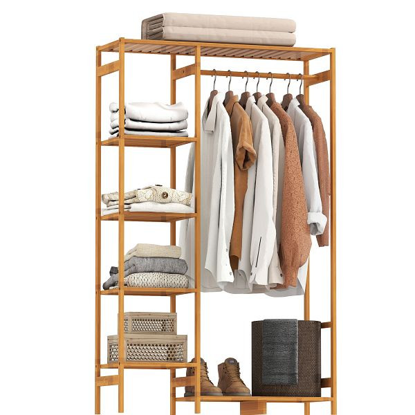 HOMCOM Kleiderständer Garderobenständer mit Kleiderstange, Schuhablag, Regal, Garderobe aus Bambus Naturholz, 850-250V00ND
