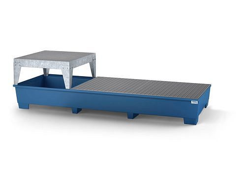 DENIOS Auffangwanne classic-line für 3 IBC, blau lackiert, 1 Abfüllbock und 2 Gitterroste, 273875