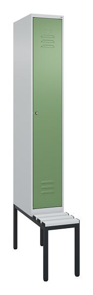 C+P Umkleidespind Classic PLUS, mit untergebauter Sitzbank, 2120x300x815mm, 7035/6011, Zylinderschloss, 0800507-10 S10023