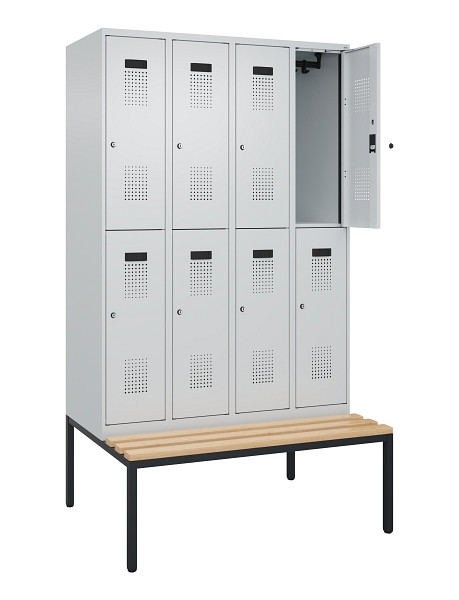 C+P Doppelstock-Spind Evolo PLUS, Bank, 8 Fächer, 2120x1200x815mm, 7035/7035, Zylinderschloss, Sitzfläche Buche-Hartholz, Sitzbank, 0493507-40 S10040